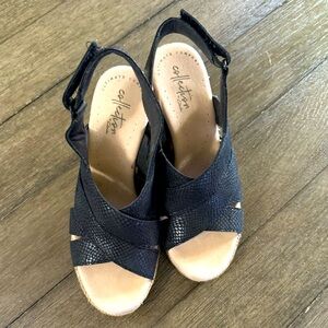 Clarks Lafley Krissy Leather Wedge Espadrille Sandals Black
